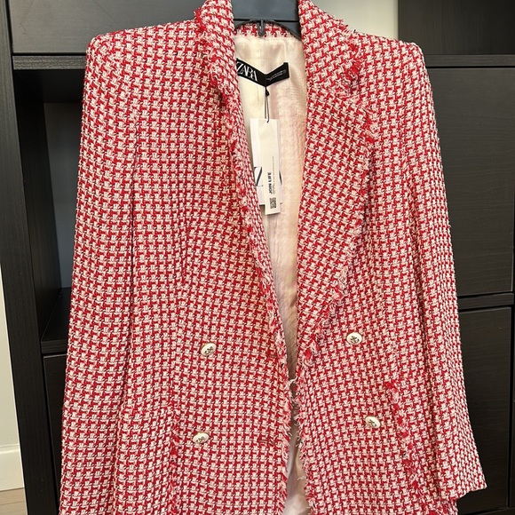 NEW Zara Pink & White Tweed Double Breasted Blazer - Picture 3 of 7